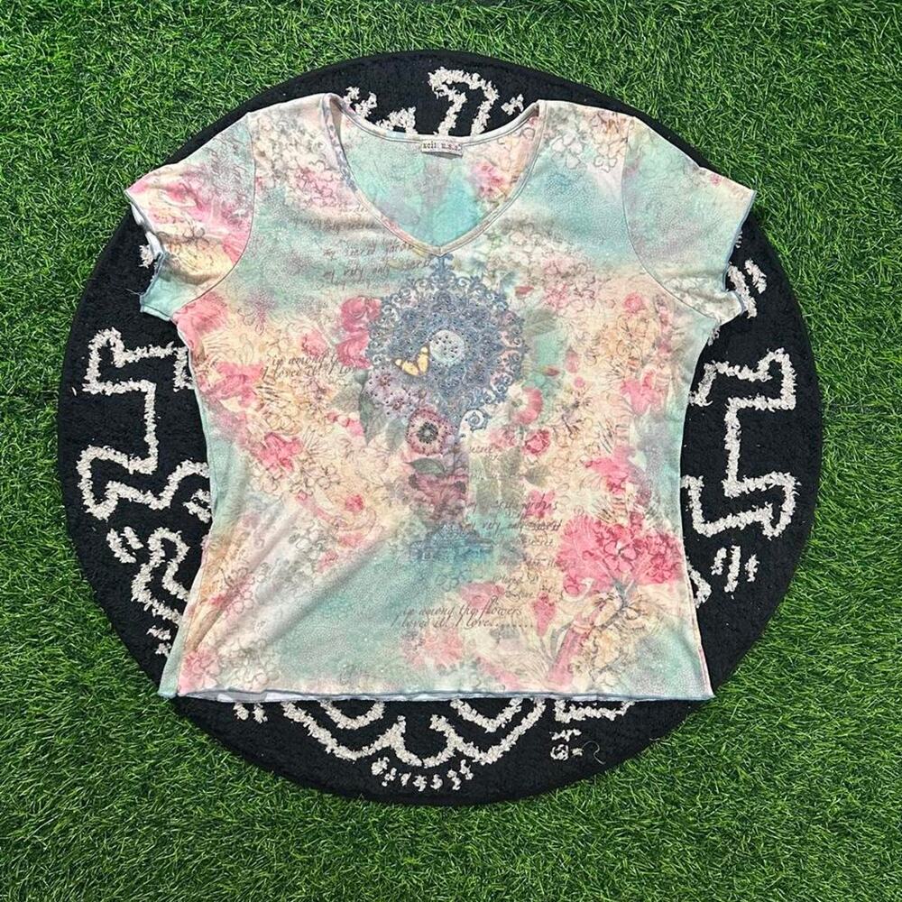 Women’s Vintage Xcit USA Y2K Floral Half Sleeve Shirt - L; 19x24 (Width/Length)